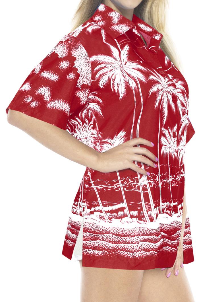 La Leela LA LEELA Women's Beach Casual Hawaiian Blouse Short Sleeves Button Down Shirt Palm Tree Printed Red