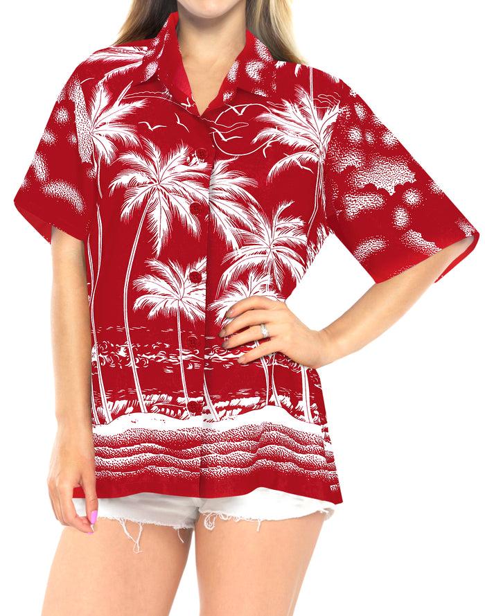 la leela LA LEELA Women's Beach Casual Hawaiian Blouse Short Sleeves button Down Shirt palm tree printed red