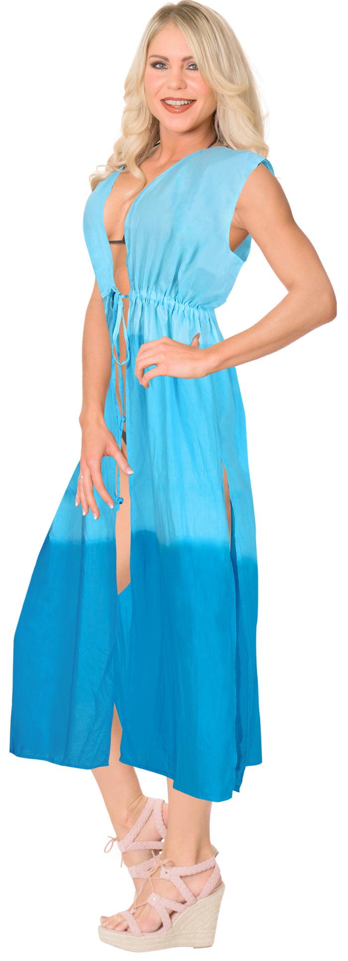 La Leela LA LEELA Women's Cotton Swimsuit Cover Up Tie Dye Long Length Drawstring Blue
