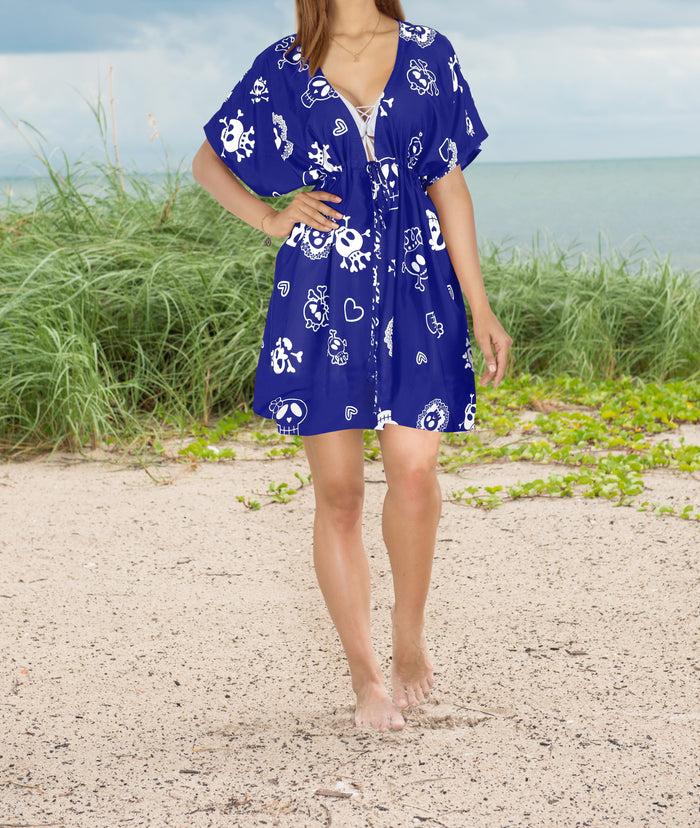 La Leela La Leela Women's Halloween Skull Cross & Pirates Scary Printed Royal Blue Bikini Cover Up