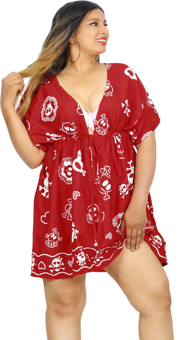 la leela La Leela Women's Halloween Skull Cross & Pirates Scary Printed Red Bikini Cover up