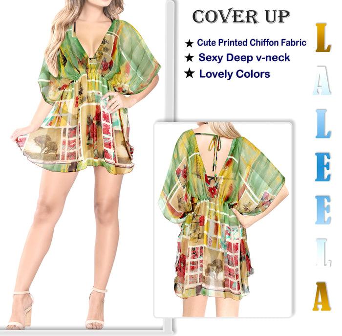 La Leela LA LEELA Women's Mini Kaftan Bikini Swimwear Cover Ups Dress US 8-16W Green_L898