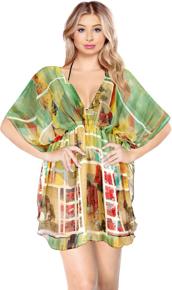 la leela LA LEELA Women's Mini Kaftan Bikini Swimwear Cover Ups Dress US 8-16W Green_L898