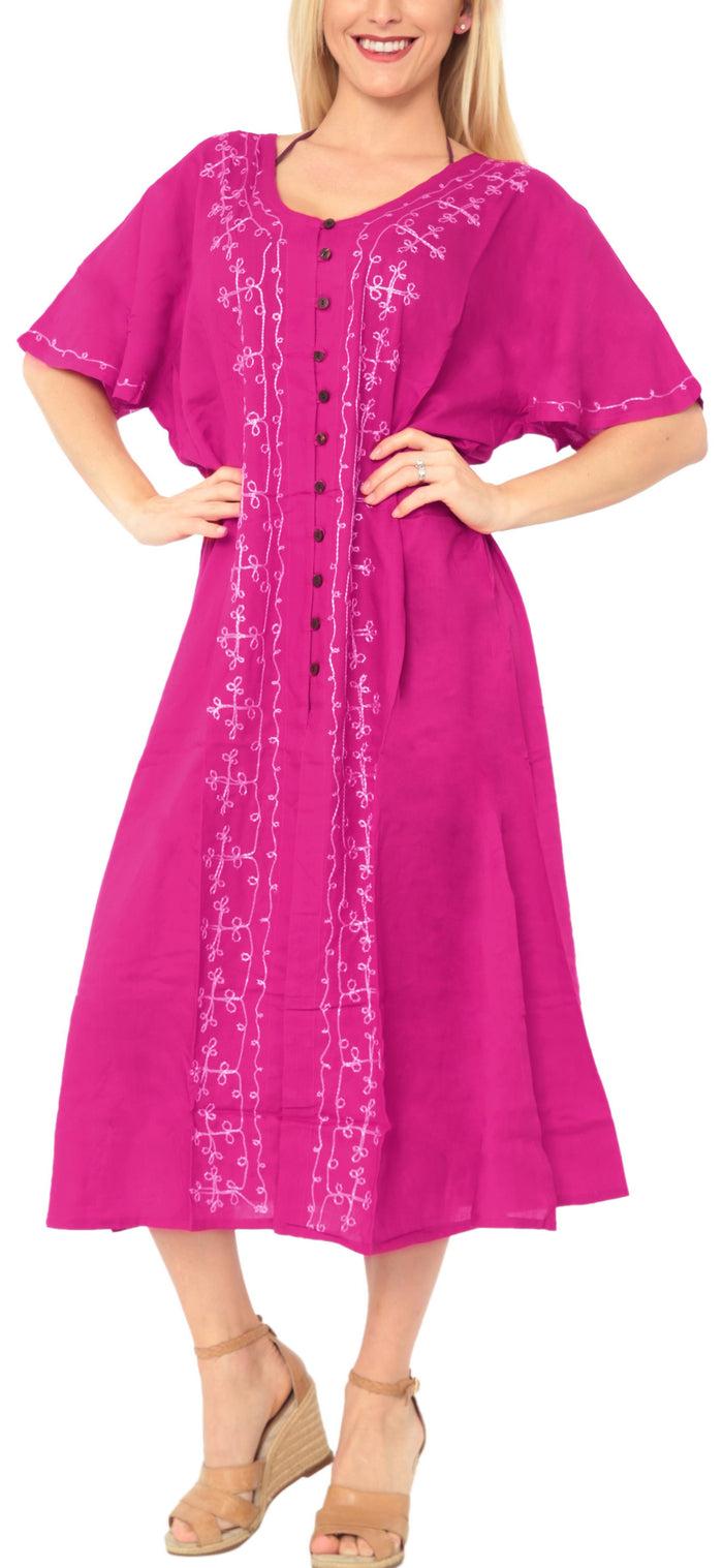 La Leela La Leela Women's Pink Maxi Dress With Neck Border Embroidery Front Cut L - XL