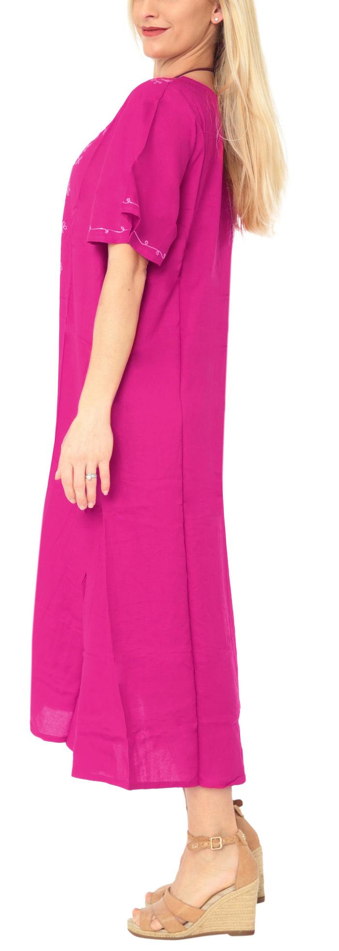 La Leela La Leela Women's Pink Maxi Dress With Neck Border Embroidery Front Cut L - XL