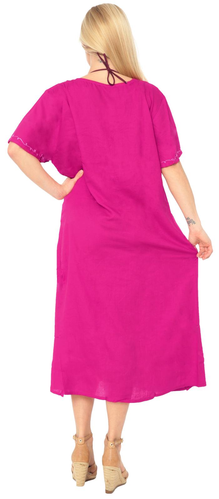 La Leela La Leela Women's Pink Maxi Dress With Neck Border Embroidery Front Cut L - XL