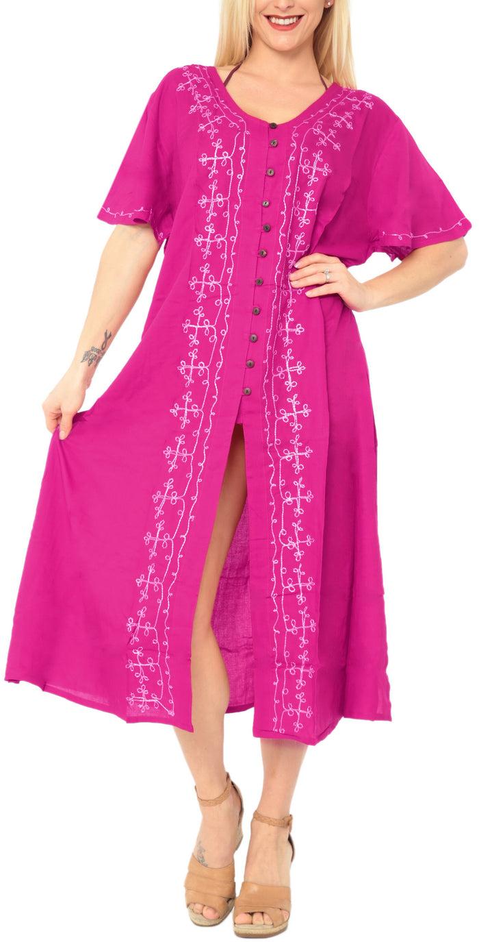 la leela La Leela Women's Pink Maxi Dress With Neck Border Embroidery Front Cut L - XL
