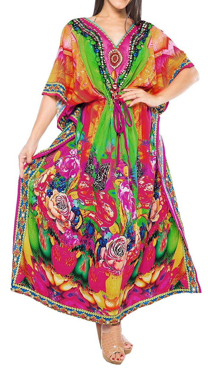 La Leela LA LEELA Women's Plus Size HD Designer Drawstring Caftan Dress Fits L-4X