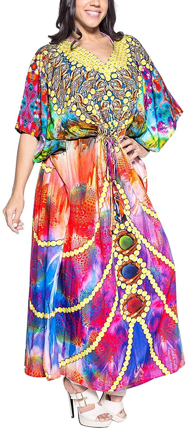 la leela LA LEELA Women's Plus Size HD Designer Drawstring Caftan Dress Fits L-4X