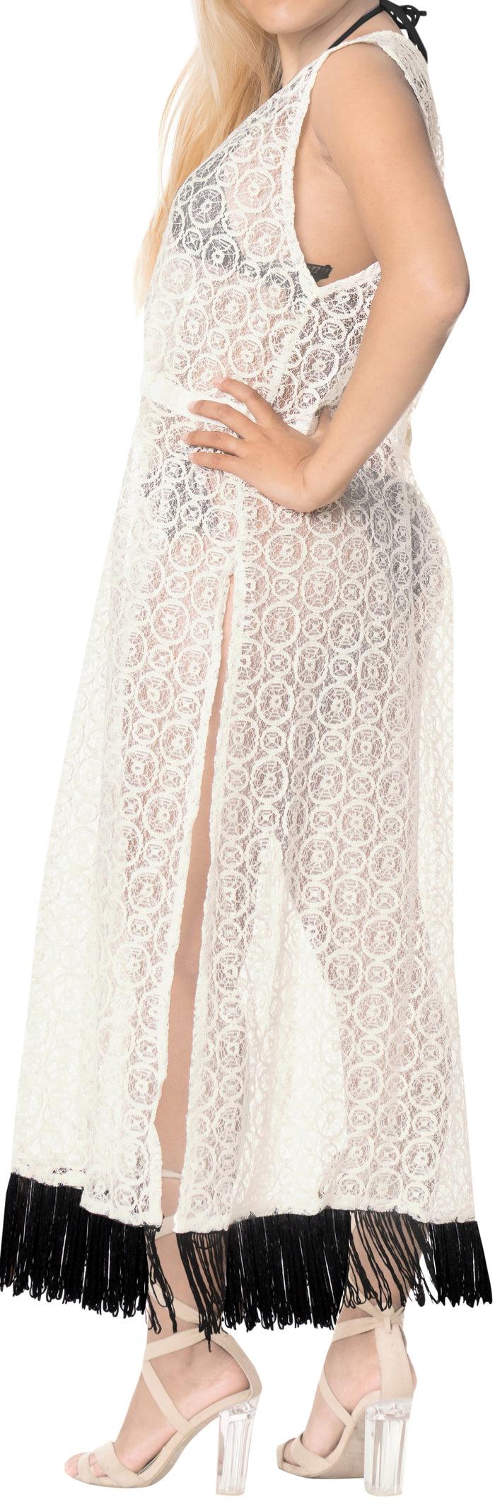 La Leela LA LEELA Women's Rayon Long Beach Blouse Swimwear Short Cover-up Kimono Drawstri