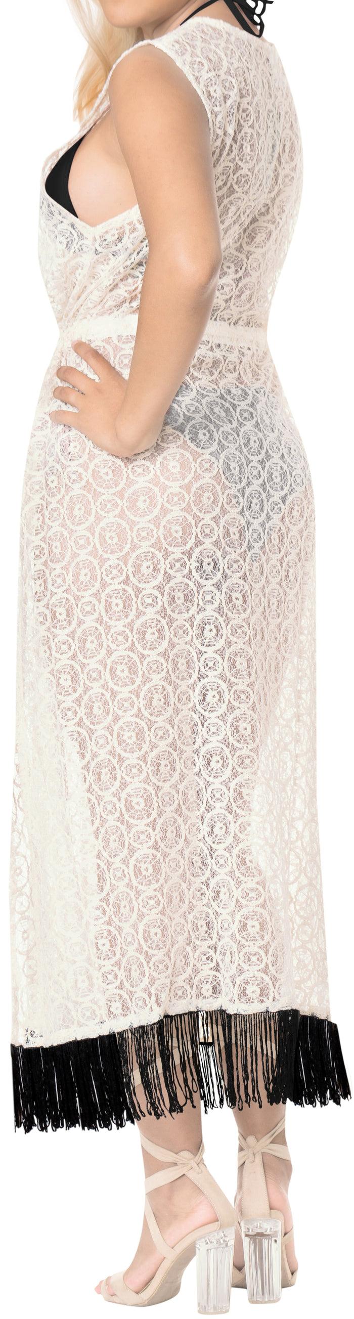 La Leela LA LEELA Women's Rayon Long Beach Blouse Swimwear Short Cover-up Kimono Drawstri