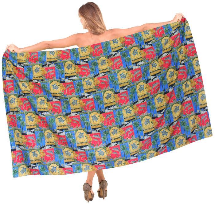 La Leela LA LEELA Women's Turtle Hawaiian Print Long Pareo Sarong Beachwear Wrap Swimsuit Bikini Cover Up