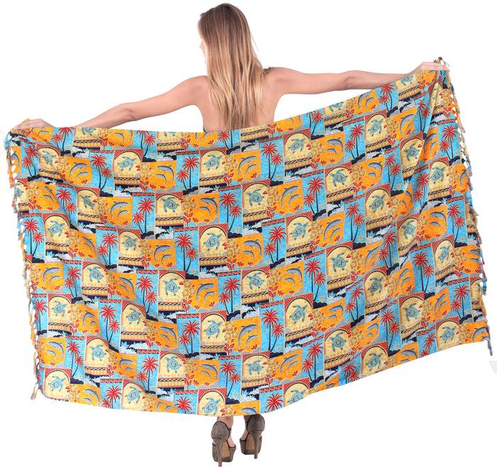 La Leela LA LEELA Women's Turtle Hawaiian Print Long Pareo Sarong Beachwear Wrap Swimsuit Bikini Cover Up