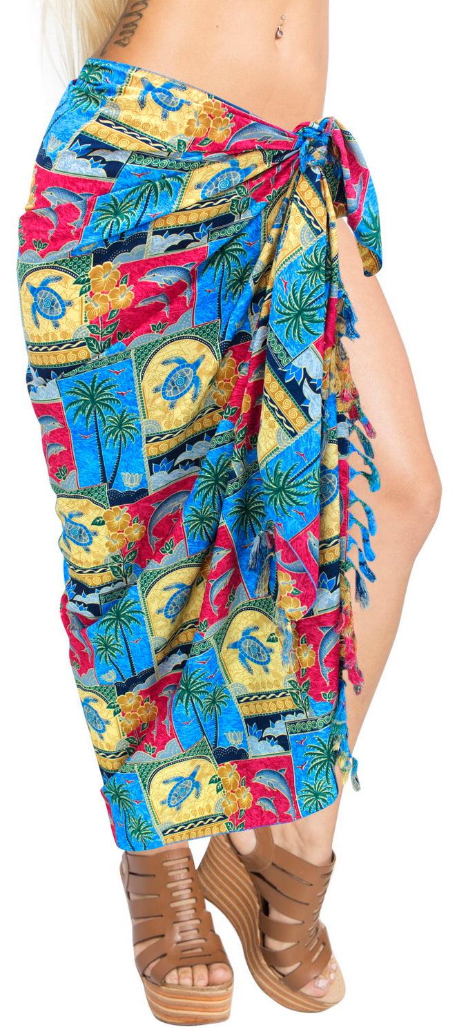 la leela LA LEELA Women's Turtle Hawaiian Print Long Pareo Sarong Beachwear Wrap Swimsuit Bikini Cover up