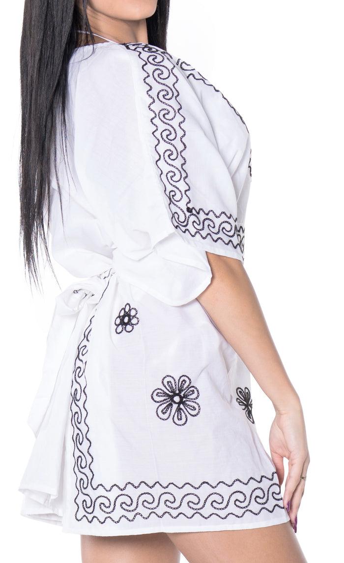 La Leela LA LEELA Women Swing Beach Cover Up V Kimono Sleeve Tunic Summer Dress US 10-14 White_T327