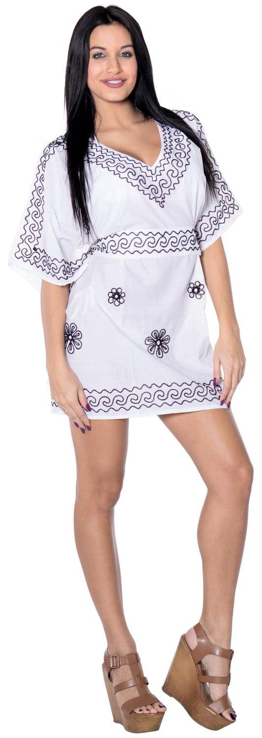 La Leela LA LEELA Women Swing Beach Cover Up V Kimono Sleeve Tunic Summer Dress US 10-14 White_T327