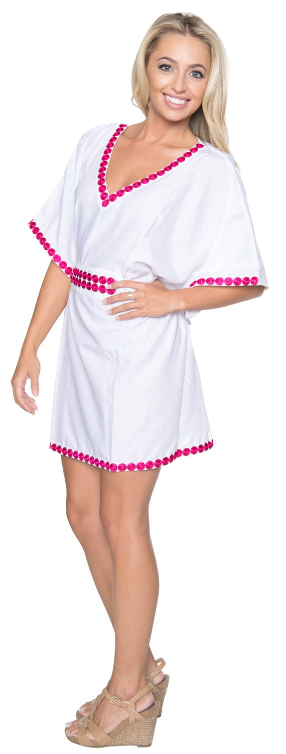 La Leela LA LEELA Women T Dresses V Neck Kimono Sleeve Beach Tank Dress For Summer US 10-14 White_T306