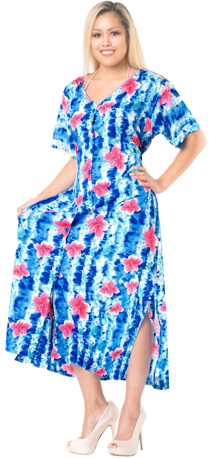 La Leela La Leela Womens Floral Beach Cover Up Button Closure Evening Dress MAXI Caftan B