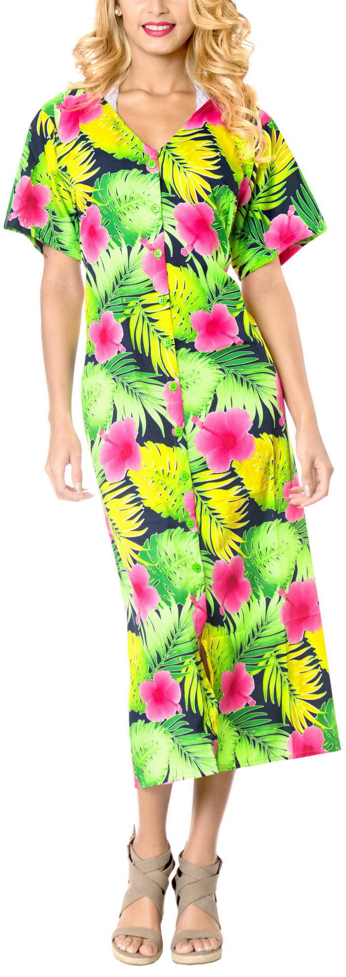 La Leela La Leela Womens Floral Beach Cover Up Button Closure Evening Dress Plus Caftan P
