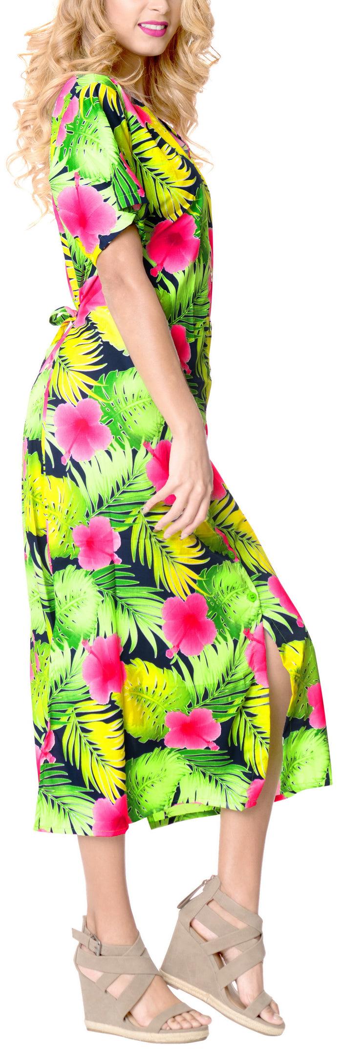 La Leela La Leela Womens Floral Beach Cover Up Button Closure Evening Dress Plus Caftan P