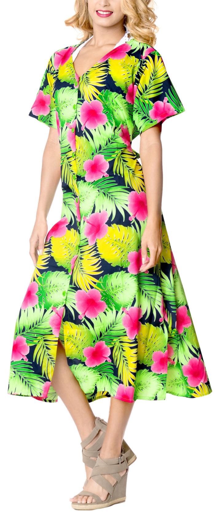 la leela La Leela Womens Floral Beach Cover up Button Closure Evening Dress plus Caftan p