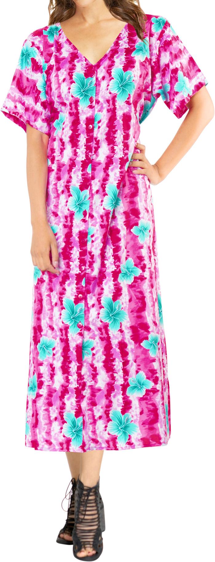 La Leela La Leela Womens Floral Beach Cover Up Button Closure Evening Dress MAXI Caftan P
