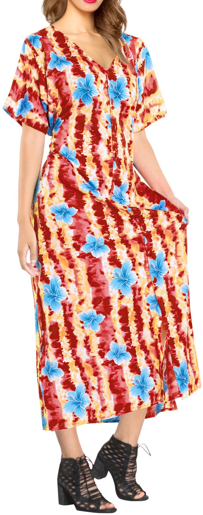 La Leela La Leela Womens Floral Beach Cover Up Button Closure Evening Dress MAXI Caftan R