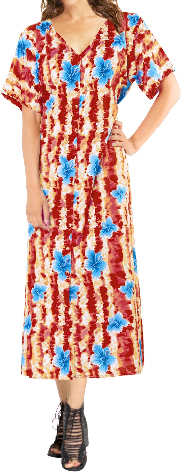 la leela La Leela Womens Floral Beach Cover up Button Closure Evening Dress MAXI Caftan r
