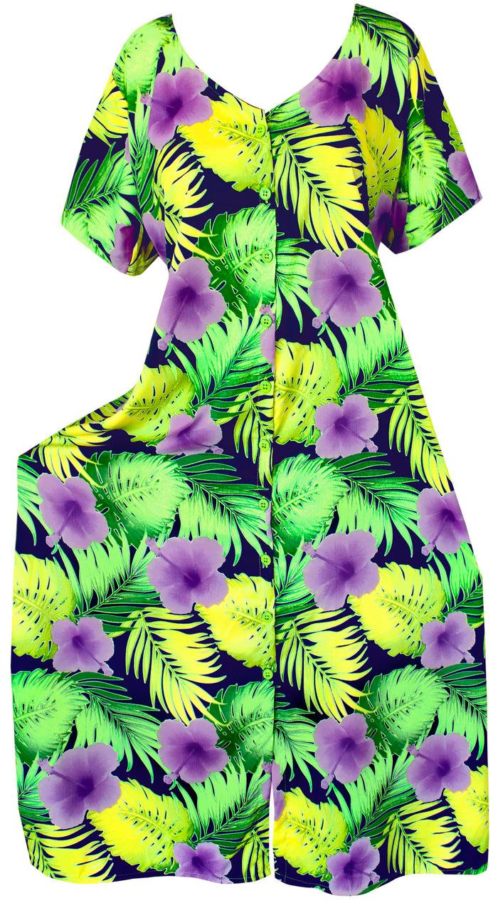 la leela La Leela Womens Floral Beach Cover up Button Closure Evening Dress plus Caftan v