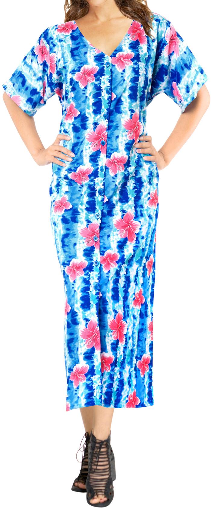 la leela La Leela Womens Floral Beach Cover up Button Closure Evening Dress MAXI Caftan B