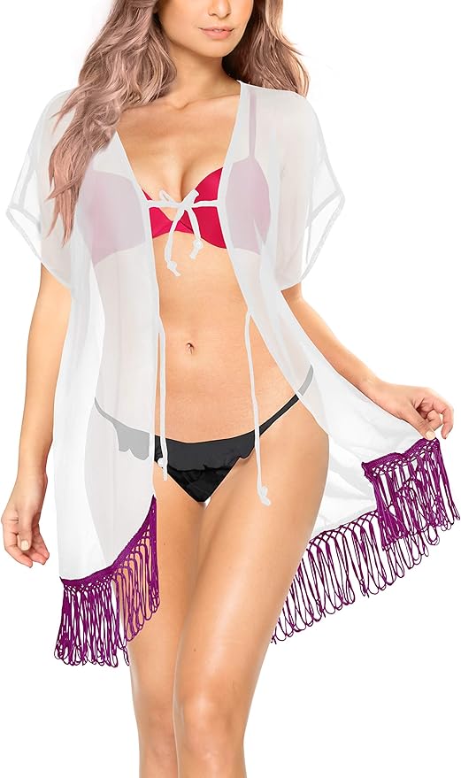 la leela La Leela Womens Summer Casual Loose Swing T Shirt Beach Sundress Kaftan Cover Up White_Violet 125676