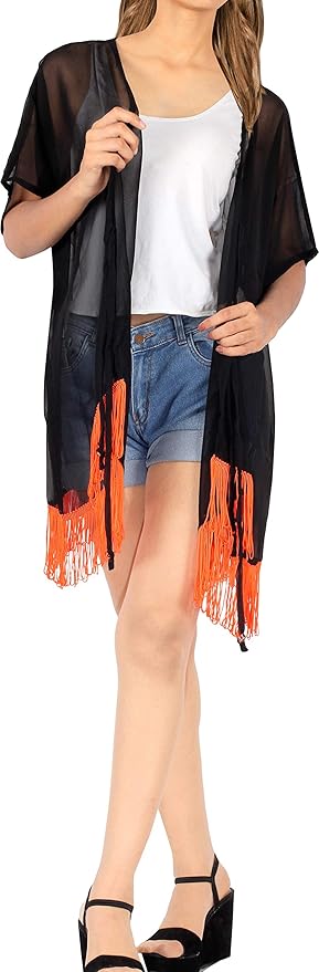 la leela La Leela Womens Summer Casual Loose Swing T Shirt Beach Sundress Kaftan Cover Up Black_Orange 131014