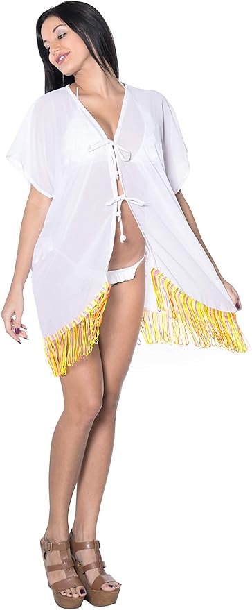 la leela La Leela Womens Summer Casual Loose Swing T Shirt Beach Sundress Kaftan Cover Up White_Yellow 128390