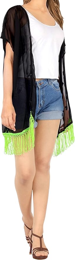 la leela La Leela Womens Summer Casual Loose Swing T Shirt Beach Sundress Kaftan Cover Up Black_Neon Green 125625