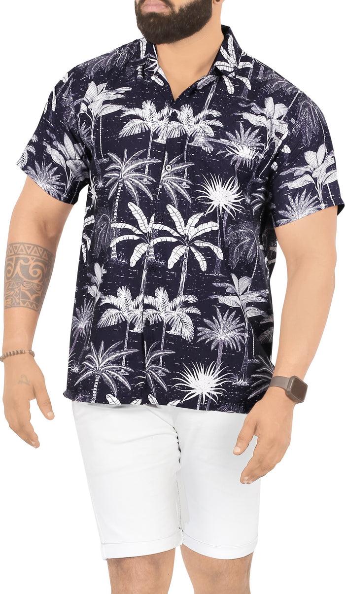La Leela Navy Blue Allover Tropical Palm Tree Printed Hawaiian Beach Shirts For Men P00016