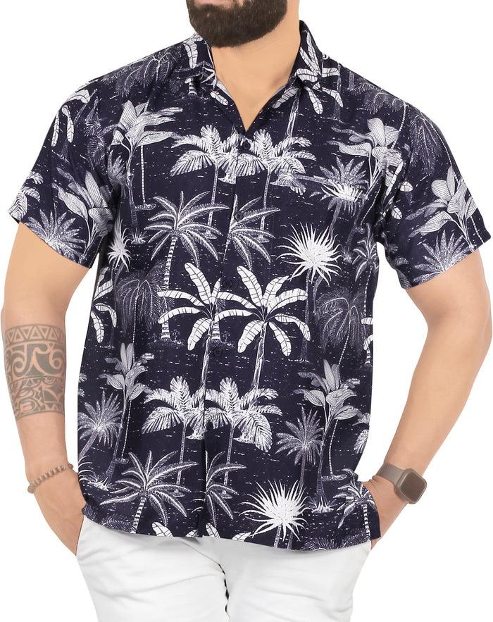 la leela Navy Blue Allover Tropical Palm Tree Printed Hawaiian Beach Shirts For Men P00016