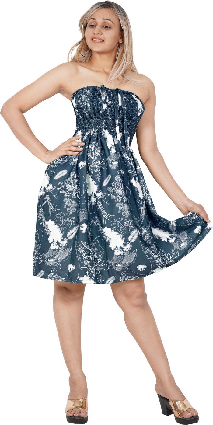 la leela Ocean Breeze Whimsy Allover Feather and Waves Printed Short Dress For Women