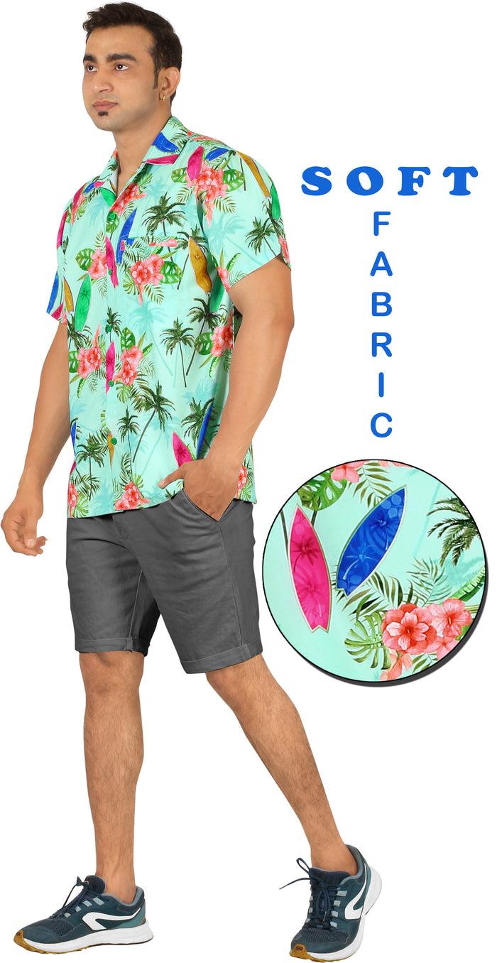 La Leela Sea Green Palm Tree Surf Boards And Floral Printed Hawaiian Beach Shirt For Men