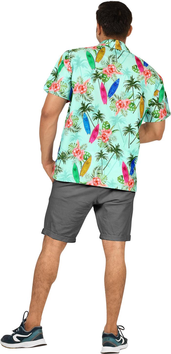 La Leela Sea Green Palm Tree Surf Boards And Floral Printed Hawaiian Beach Shirt For Men