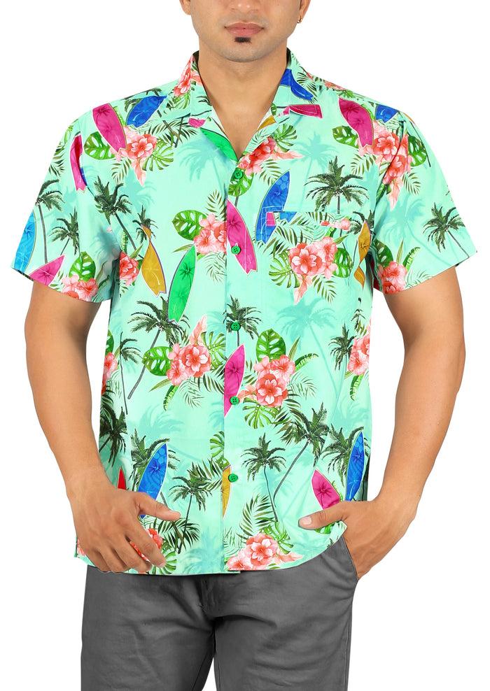 la leela Sea Green Palm Tree Surf Boards and Floral Printed Hawaiian Beach Shirt For Men