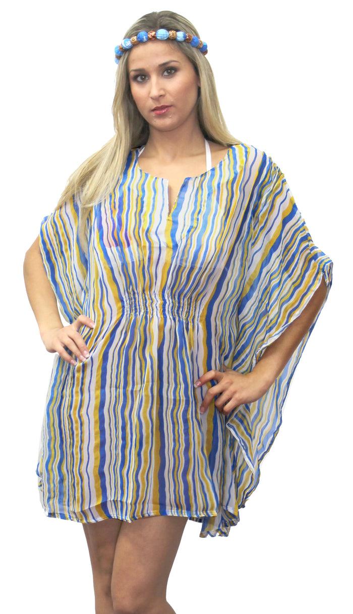 la leela Women Blouse Stripe Printed Beach Swimsuit Bikini Cover up Tank TOP Caftan Blue