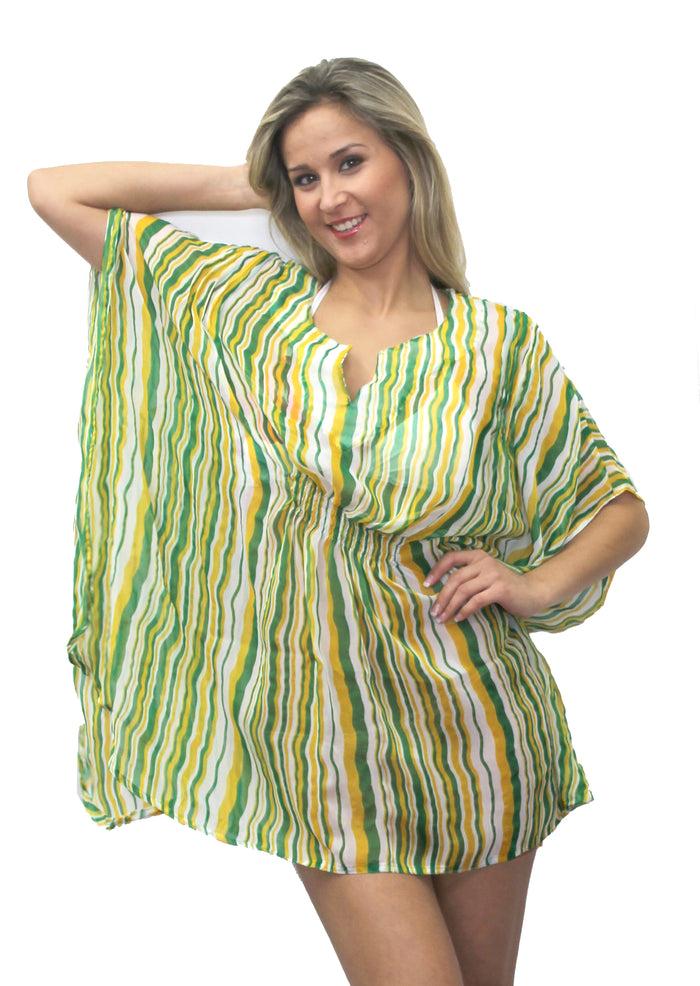 la leela Women's Blouse Stripe Printed Beachwear Swimwear Bikini Cover up Caftan Green