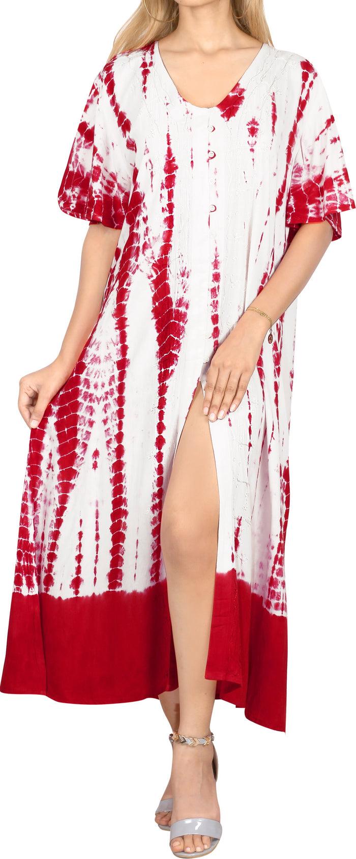 la leela Women's Casual Beachwear Tie Dye Loose Bikini Swimwear Cover up Caftan Dress red