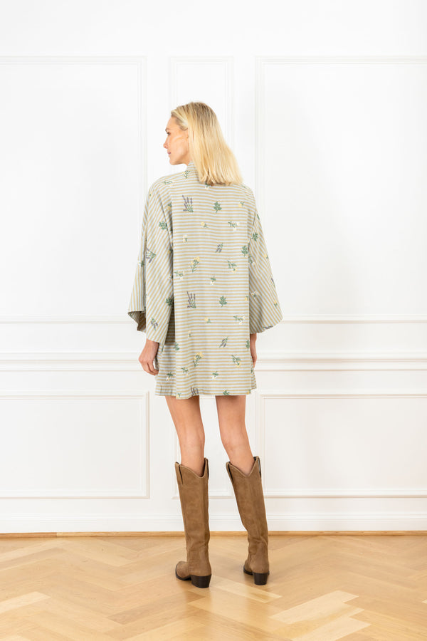 La Vie Beige Embroidered Stripes Mini Caftan