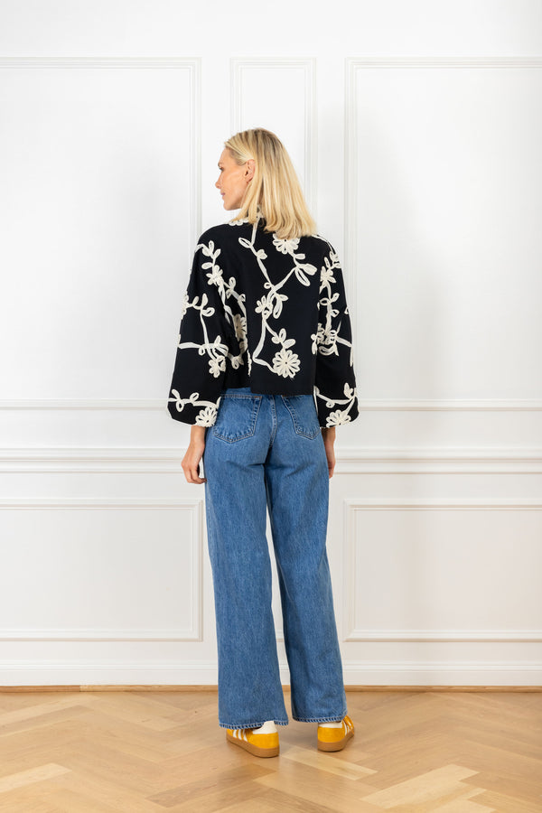 La Vie Black Ribbon Florals Cropped Jacket