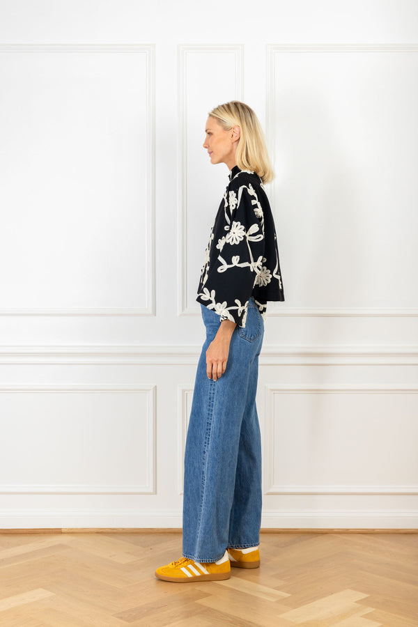 La Vie Black Ribbon Florals Cropped Jacket