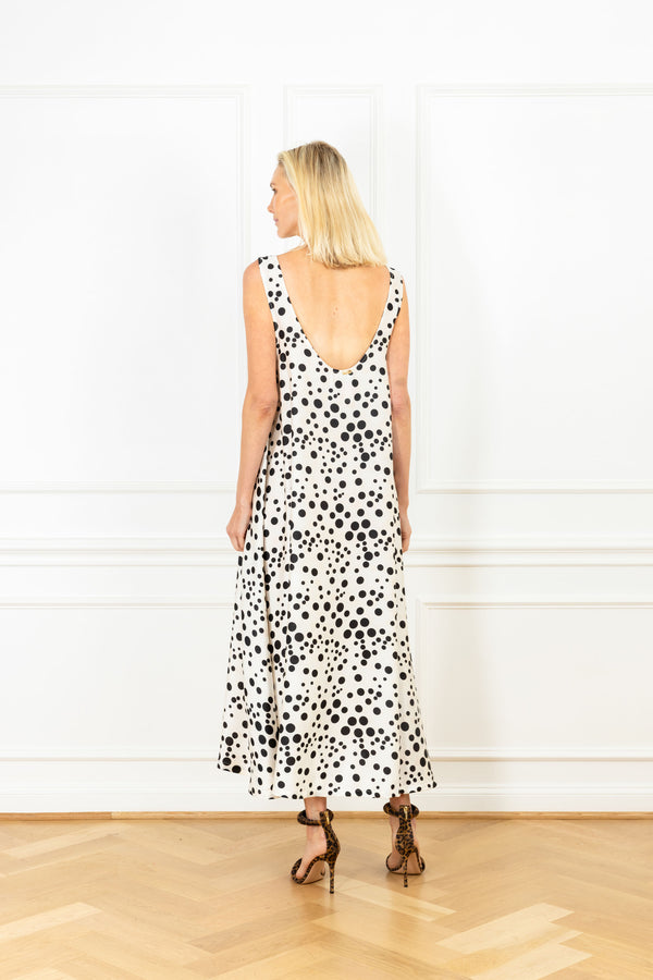 La Vie Black Spotted Satin Maxi Swing Dress