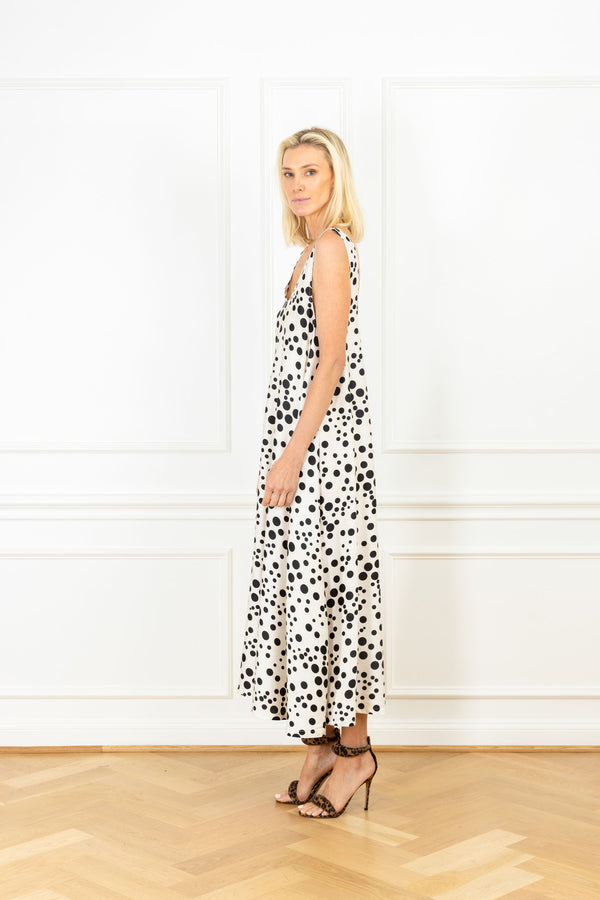 La Vie Black Spotted Satin Maxi Swing Dress
