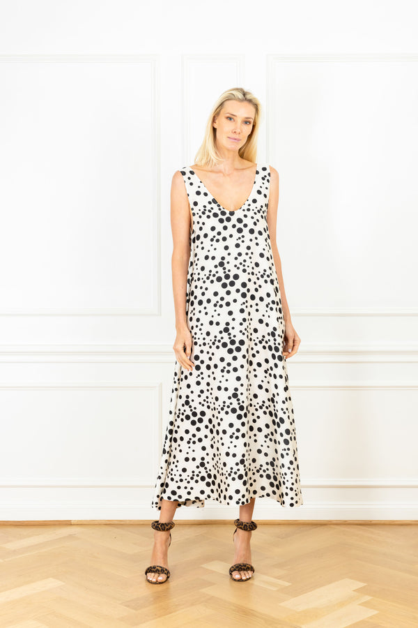 la vie Black Spotted Satin Maxi Swing Dress