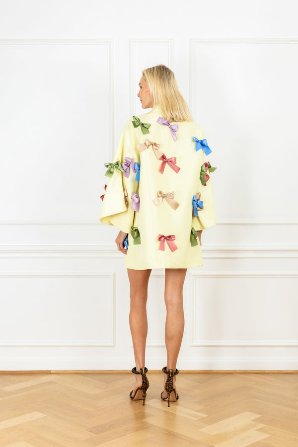 La Vie Butter Yellow Ribbon Mini Open Front Caftan
